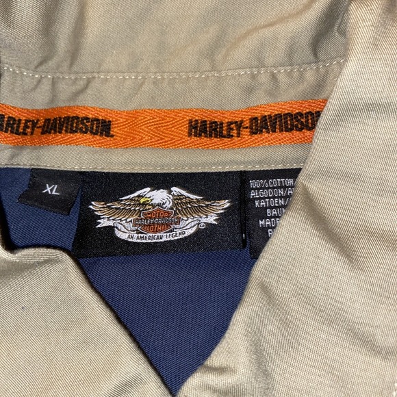 Harley Davidson Mens Button Up Short Sleeve Shirt Shop Mechanic Brown Blue Sz XL - Picture 2 of 3
